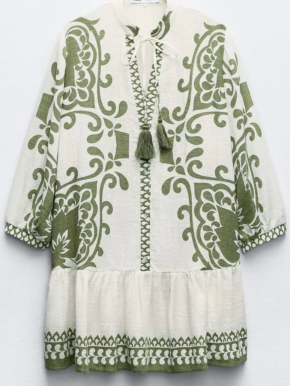 Zara Ivory and Green Tassel Tunic XS